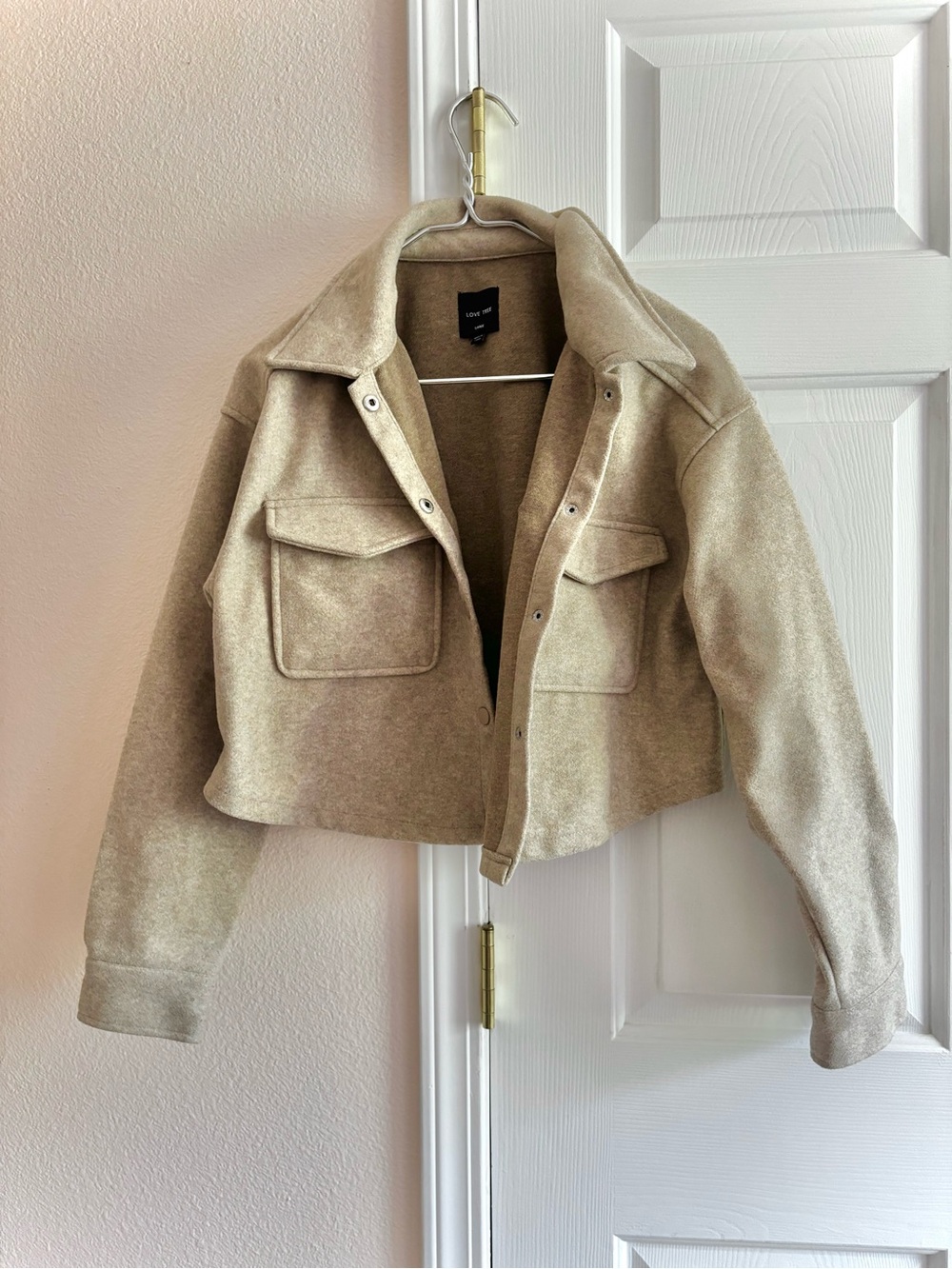 Loves Tree Tan Cropped Utility Shacket Large